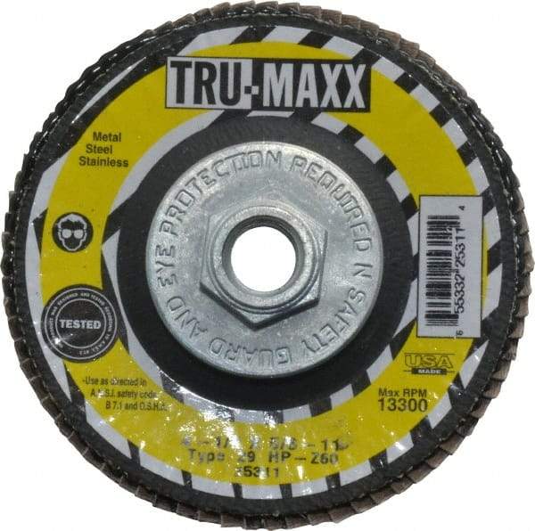Tru-Maxx - 60 Grit, 4-1/2" Disc Diam, 5/8-11 Center Hole, Type 29 Zirconia Alumina Flap Disc - 13,300 Max RPM, Arbor Attaching System, Coated - Eagle Tool & Supply
