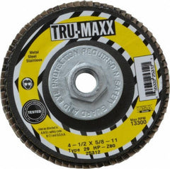 Tru-Maxx - 80 Grit, 4-1/2" Disc Diam, 5/8-11 Center Hole, Type 29 Zirconia Alumina Flap Disc - 13,300 Max RPM, Arbor Attaching System, Coated - Eagle Tool & Supply
