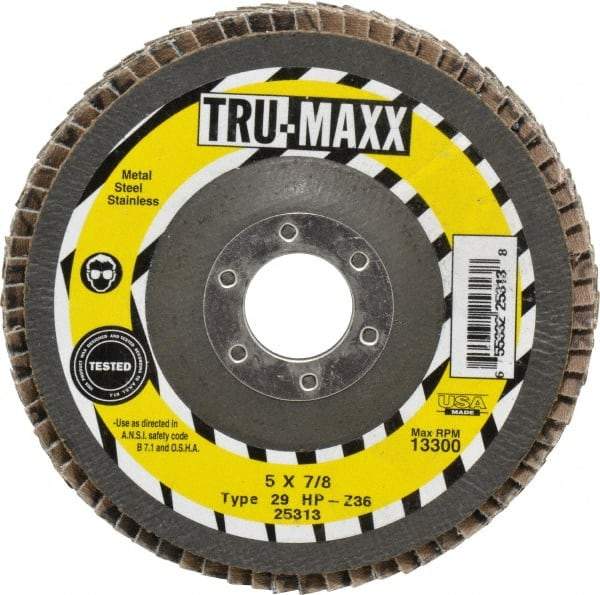 Tru-Maxx - 36 Grit, 5" Disc Diam, 7/8" Center Hole, Type 29 Zirconia Alumina Flap Disc - 12,200 Max RPM, Arbor Attaching System, Coated - Eagle Tool & Supply