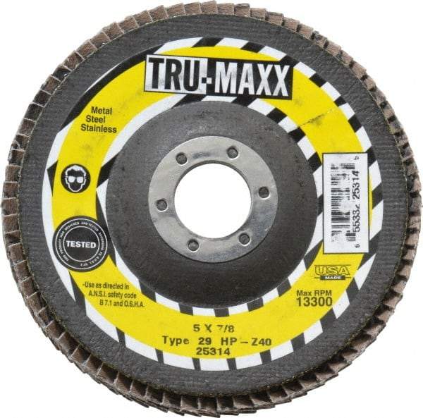 Tru-Maxx - 40 Grit, 5" Disc Diam, 7/8" Center Hole, Type 29 Zirconia Alumina Flap Disc - 12,200 Max RPM, Arbor Attaching System, Coated - Eagle Tool & Supply