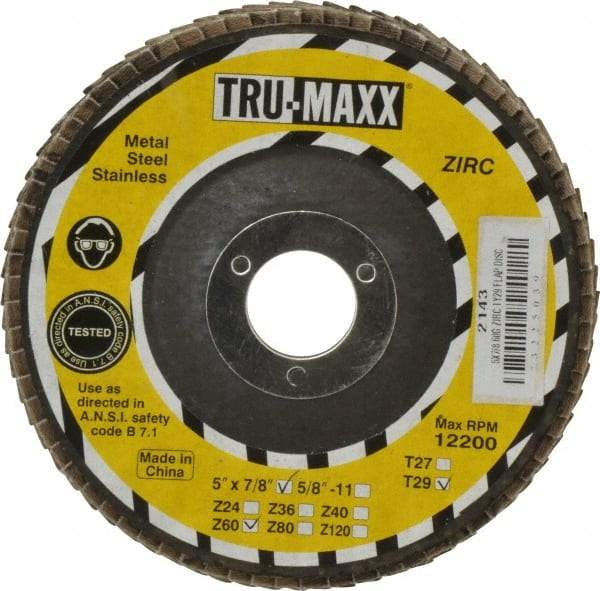 Tru-Maxx - 60 Grit, 5" Disc Diam, 7/8" Center Hole, Type 29 Zirconia Alumina Flap Disc - 12,200 Max RPM, Arbor Attaching System, Coated - Eagle Tool & Supply