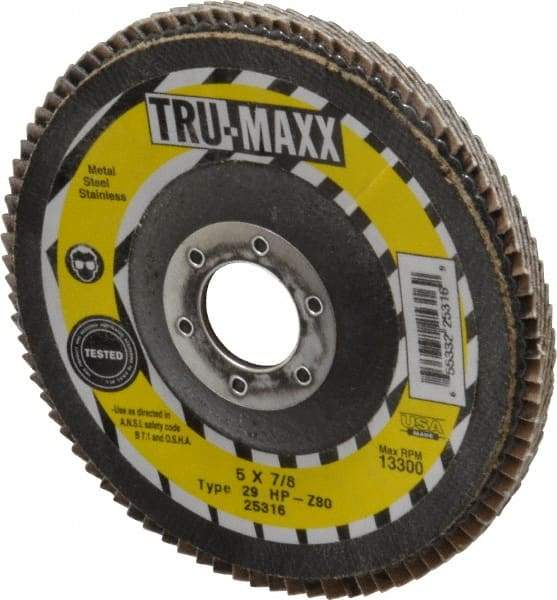 Tru-Maxx - 80 Grit, 5" Disc Diam, 7/8" Center Hole, Type 29 Zirconia Alumina Flap Disc - 12,200 Max RPM, Arbor Attaching System, Coated - Eagle Tool & Supply