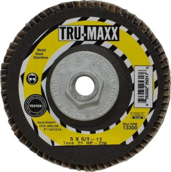 Tru-Maxx - 36 Grit, 5" Disc Diam, 5/8-11 Center Hole, Type 29 Zirconia Alumina Flap Disc - 12,200 Max RPM, Arbor Attaching System, Coated - Eagle Tool & Supply