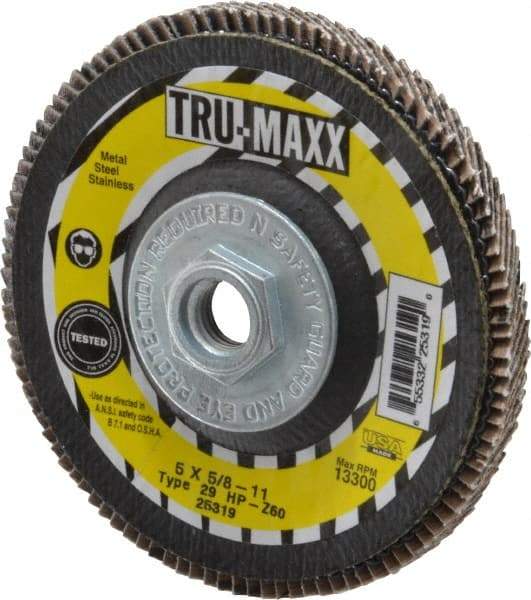 Tru-Maxx - 60 Grit, 5" Disc Diam, 5/8-11 Center Hole, Type 29 Zirconia Alumina Flap Disc - 12,200 Max RPM, Arbor Attaching System, Coated - Eagle Tool & Supply