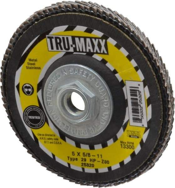 Tru-Maxx - 80 Grit, 5" Disc Diam, 5/8-11 Center Hole, Type 29 Zirconia Alumina Flap Disc - 12,200 Max RPM, Arbor Attaching System, Coated - Eagle Tool & Supply