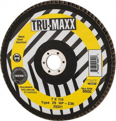 Tru-Maxx - 36 Grit, 7" Disc Diam, 7/8" Center Hole, Type 29 Zirconia Alumina Flap Disc - 8,600 Max RPM, Arbor Attaching System, Coated - Eagle Tool & Supply