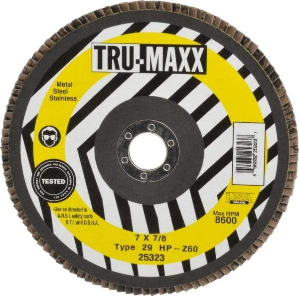 Tru-Maxx - 60 Grit, 7" Disc Diam, 7/8" Center Hole, Type 29 Zirconia Alumina Flap Disc - 8,600 Max RPM, Arbor Attaching System, Coated - Eagle Tool & Supply