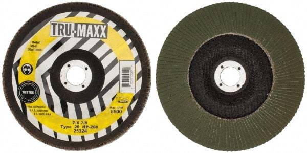 Tru-Maxx - 80 Grit, 7" Disc Diam, 7/8" Center Hole, Type 29 Zirconia Alumina Flap Disc - 8,600 Max RPM, Arbor Attaching System, Coated - Eagle Tool & Supply