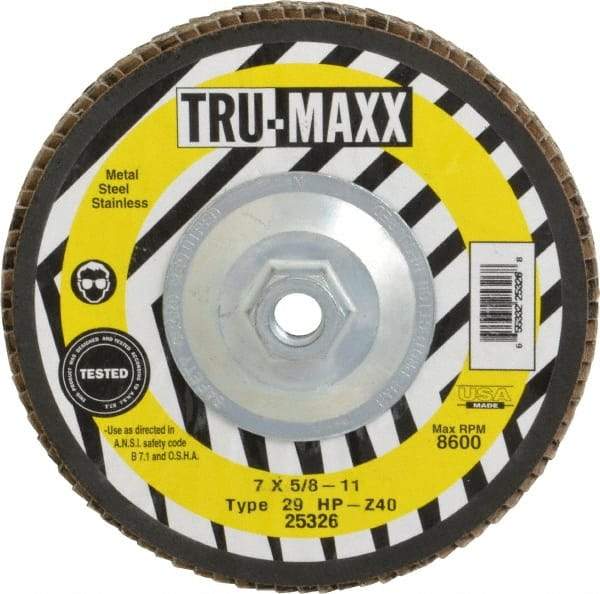 Tru-Maxx - 40 Grit, 7" Disc Diam, 5/8-11 Center Hole, Type 29 Zirconia Alumina Flap Disc - 8,600 Max RPM, Arbor Attaching System, Coated - Eagle Tool & Supply