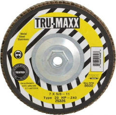 Tru-Maxx - 40 Grit, 7" Disc Diam, 5/8-11 Center Hole, Type 29 Zirconia Alumina Flap Disc - 8,600 Max RPM, Arbor Attaching System, Coated - Eagle Tool & Supply