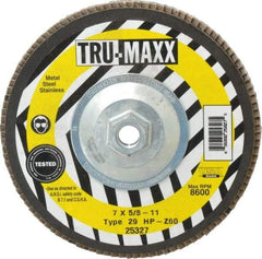Tru-Maxx - 60 Grit, 7" Disc Diam, 5/8-11 Center Hole, Type 29 Zirconia Alumina Flap Disc - 8,600 Max RPM, Arbor Attaching System, Coated - Eagle Tool & Supply