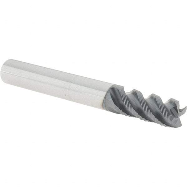 Iscar - 3/8" Diam, Coarse Pitch, 3/4" LOC, 4 Flute Solid Carbide 45° Corner Chamfer Roughing End Mill - TiAlN Finish, 3" OAL, 3/8" Shank Diam, Single End, Centercutting, 45° Helix - Eagle Tool & Supply
