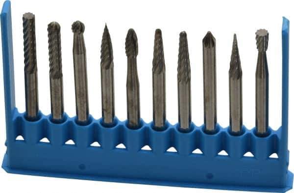 Made in USA - 10 Piece, 1/8" Shank Burr Set - Tungsten Carbide - Eagle Tool & Supply