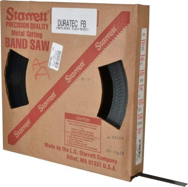 Starrett - 5/8" x 100' x 0.032" Carbon Steel Band Saw Blade Coil Stock - 10 TPI, Toothed Edge, Straight Form, Raker Set, Flexible Back, No Rake Angle, Constant Pitch, Contour Cutting - Eagle Tool & Supply