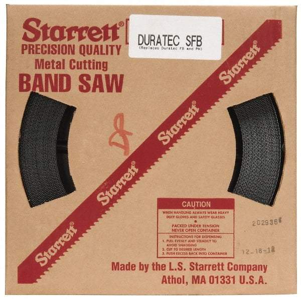 Starrett - 1" x 100' x 0.035" Carbon Steel Band Saw Blade Coil Stock - 14 TPI, Toothed Edge, Straight Form, Raker Set, Flexible Back, No Rake Angle, Constant Pitch, Contour Cutting - Eagle Tool & Supply