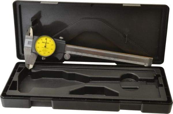 Mitutoyo - 0mm to 150mm Range, 0.01 mm Graduation, 1mm per Revolution, Dial Caliper - Yellow Face, 40mm Jaw Length, Accurate to 0.03mm - Eagle Tool & Supply