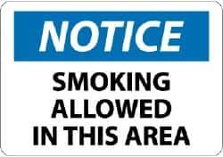 NMC - "Notice - Smoking Allowed in This Area", 10" Long x 14" Wide, Rigid Plastic Safety Sign - Rectangle, 0.05" Thick, Use for Security & Admittance - Eagle Tool & Supply