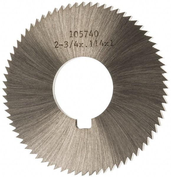 Made in USA - 2-3/4" Diam x 0.114" Blade Thickness x 1" Arbor Hole Diam, 72 Tooth Slitting and Slotting Saw - Arbor Connection, Right Hand, Uncoated, High Speed Steel, Concave Ground, Contains Keyway - Eagle Tool & Supply