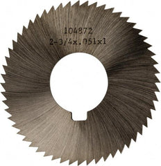 Made in USA - 2-3/4" Diam x 0.051" Blade Thickness x 1" Arbor Hole Diam, 56 Tooth Slitting and Slotting Saw - Arbor Connection, Right Hand, Uncoated, High Speed Steel, Concave Ground, Contains Keyway - Eagle Tool & Supply