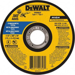 DeWALT - 4-1/2" 60 Grit Aluminum Oxide Cutoff Wheel - 0.045" Thick, 7/8" Arbor, 13,300 Max RPM, Use with Angle Grinders - Eagle Tool & Supply