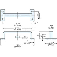 Drawer Pulls; Handle Diameter: 0.8980; Width (Decimal Inch): 8.1633; Width (mm): 200.00; Length (Inch): 7-7/8; Projection: 2; Center to Center: 6-57/64; Thread Size: 7; Finish/Coating: Mirror; Material Grade: 316; Additional Information: Thickness: 10 mm;