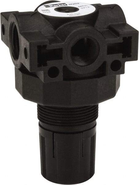 Parker - 3/8 NPT Port, Plastic Miniature Regulator - 0 to 25 psi Range, 150 Max psi Supply Pressure, 1/4" Gauge Port Thread, 2.06" Wide x 3.43" High - Eagle Tool & Supply