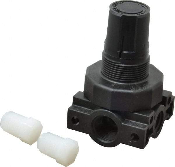 Parker - 3/8 NPT Port, Plastic Miniature Regulator - 0 to 25 psi Range, 150 Max psi Supply Pressure, 1/4" Gauge Port Thread, 2.06" Wide x 3.43" High - Eagle Tool & Supply