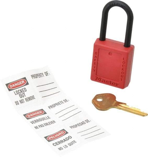 Master Lock - Keyed Different Nonconductive Lockout Padlock - 1-1/2" Shackle Clearance, 1/4" Shackle Diam, 1-3/4" Body Height x 1-1/2" Body Width, Red, 6 Pins - Eagle Tool & Supply