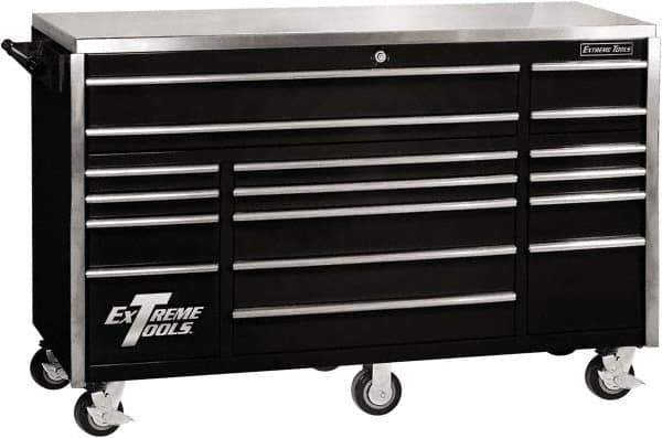 EXTREME TOOLS - 17 Drawer Steel Tool Roller Cabinet - 72" Wide x 46-3/4" High x 30" Deep, Ball Bearing Drawer Slides, Black - Eagle Tool & Supply