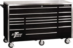 EXTREME TOOLS - 17 Drawer Steel Tool Roller Cabinet - 72" Wide x 46-3/4" High x 30" Deep, Ball Bearing Drawer Slides, Black - Eagle Tool & Supply