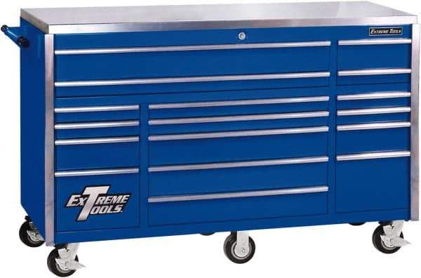 EXTREME TOOLS - 17 Drawer Steel Tool Roller Cabinet - 72" Wide x 46-3/4" High x 30" Deep, Ball Bearing Drawer Slides, Blue - Eagle Tool & Supply