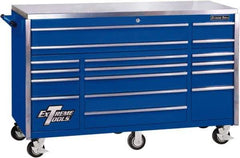 EXTREME TOOLS - 17 Drawer Steel Tool Roller Cabinet - 72" Wide x 46-3/4" High x 30" Deep, Ball Bearing Drawer Slides, Blue - Eagle Tool & Supply