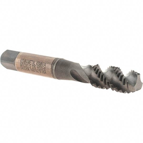 Kennametal - M10x1.50 3 Flute 6H Modified Bottoming Spiral Flute Tap - Vanadium High Speed Steel, TiN/CrC/C Finish, 2-15/16" OAL, Right Hand Flute, Right Hand Thread, D6, Series GOtap\xAE - Eagle Tool & Supply
