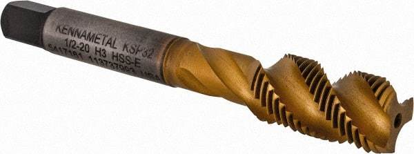 Kennametal - 1/2-20 3 Flute 3B Modified Bottoming Spiral Flute Tap - Vanadium High Speed Steel, TiCN/TiN Finish, 3-3/8" OAL, Right Hand Flute, Right Hand Thread, H3, Series GOtap\xAE - Eagle Tool & Supply