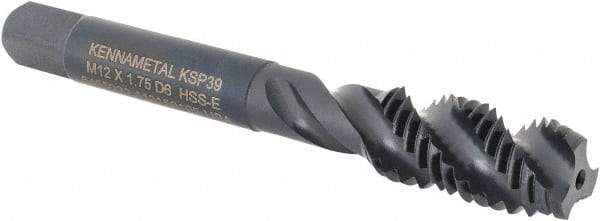 Kennametal - M12x1.75 3 Flute 6H Modified Bottoming Spiral Flute Tap - Vanadium High Speed Steel, Oxide Finish, 3-3/8" OAL, Right Hand Flute, Right Hand Thread, D6, Series GOtap\xAE - Eagle Tool & Supply