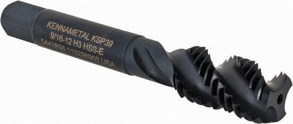 Kennametal - 9/16-12 3 Flute Bottoming Spiral Flute Tap - Vanadium High Speed Steel, Oxide Finish, 3-19/32" OAL, Right Hand Flute, Right Hand Thread, H3, Series GOtap\xAE - Eagle Tool & Supply