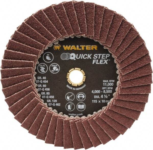 WALTER Surface Technologies - 60 Grit, 4-1/2" Disc Diam, Type 29 Aluminum Oxide Flap Disc - 11,000 Max RPM, Fiber Backing, Arbor Attaching System, Coated - Eagle Tool & Supply
