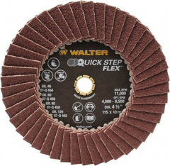 WALTER Surface Technologies - 60 Grit, 4-1/2" Disc Diam, Type 29 Aluminum Oxide Flap Disc - 11,000 Max RPM, Fiber Backing, Arbor Attaching System, Coated - Eagle Tool & Supply