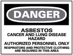 NMC - "Danger - Asbestos Cancer and Lung Disease Hazard - Authorized Personnel Only", 14" Long x 20" Wide, Pressure-Sensitive Vinyl Safety Sign - Rectangle, 0.004" Thick, Use for Hazardous Materials - Eagle Tool & Supply