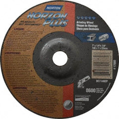 Norton - 24 Grit, 7" Wheel Diam, 1/4" Wheel Thickness, 7/8" Arbor Hole, Type 27 Depressed Center Wheel - Ceramic, 8,600 Max RPM, Compatible with Angle Grinder - Eagle Tool & Supply