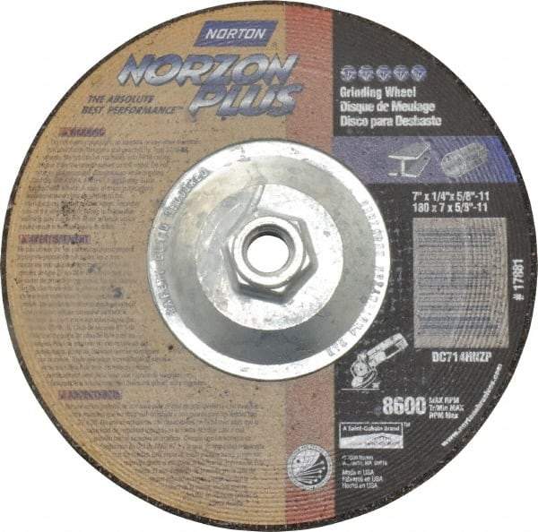Norton - 24 Grit, 7" Wheel Diam, 1/4" Wheel Thickness, Type 27 Depressed Center Wheel - Ceramic, 8,600 Max RPM, Compatible with Angle Grinder - Eagle Tool & Supply