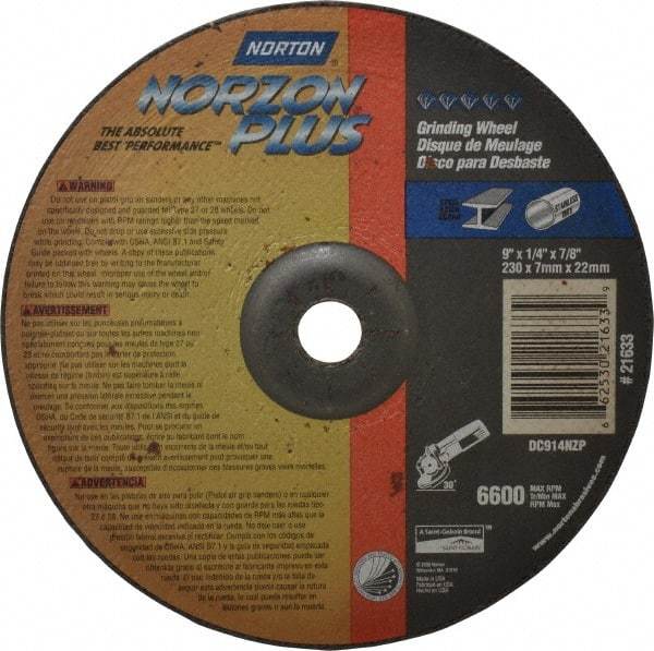 Norton - 24 Grit, 9" Wheel Diam, 1/4" Wheel Thickness, 7/8" Arbor Hole, Type 27 Depressed Center Wheel - Ceramic, 6,600 Max RPM, Compatible with Angle Grinder - Eagle Tool & Supply