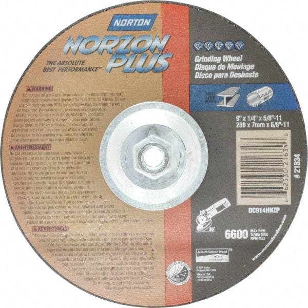 Norton - 24 Grit, 9" Wheel Diam, 1/4" Wheel Thickness, Type 27 Depressed Center Wheel - Ceramic, 6,600 Max RPM, Compatible with Angle Grinder - Eagle Tool & Supply
