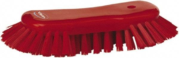 Vikan - 1.3" Bristle Length, Polyester Utility Scrub Brush - 7-3/4" Long x 3" Wide Head, 8" OAL, European Threaded Handle, Red, Polypropylene Block - Eagle Tool & Supply