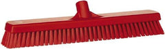 Vikan - 1.8" Bristle Length, Polyester Scrub Brush - 18" Long x 2-1/2" Wide Head, 19" OAL, European Threaded Handle, Red, Polypropylene Block - Eagle Tool & Supply