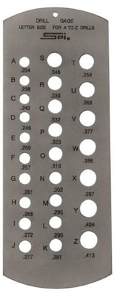 SPI - A Letter to Z Letter Hole Size Drill Gage - 6 Inch Long, 2-1/2 Inch Wide, 26 Holes - Eagle Tool & Supply