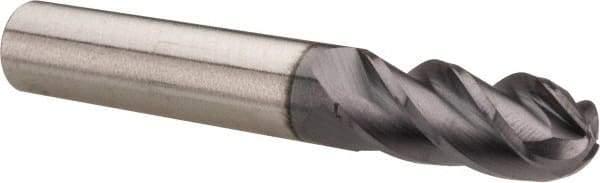 Accupro - 3/8" Diam, 7/8" LOC, 4 Flute Solid Carbide Ball End Mill - AlTiN Finish, Single End, 2-1/2" OAL, 3/8" Shank Diam, Spiral Flute - Eagle Tool & Supply