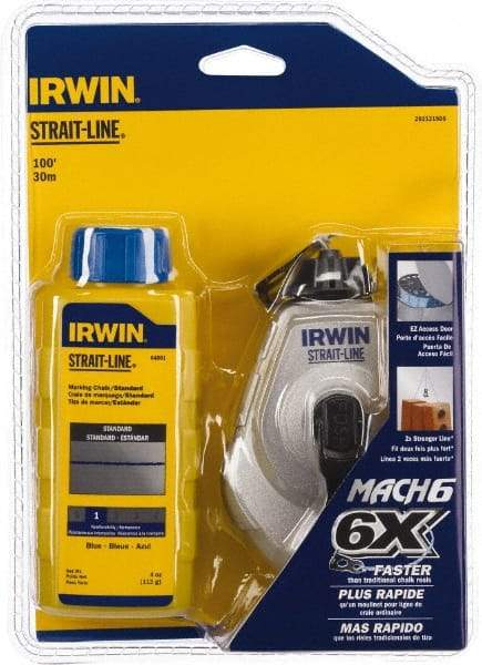 Irwin - 100' Long Reel & Chalk Set - Blue, Includes (1) 4 oz Standard Blue Chalk (6:1) & (1) MACH6 Chalk Reel - Eagle Tool & Supply