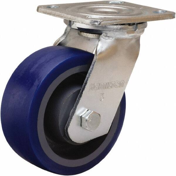 Hamilton - 5" Diam x 2" Wide x 6-1/2" OAH Top Plate Mount Swivel Caster - Polyurethane Mold onto Cast Iron Center, 840 Lb Capacity, Sealed Precision Ball Bearing, 4 x 4-1/2" Plate - Eagle Tool & Supply