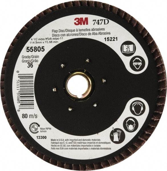 3M - 36 Grit, 4-1/2" Disc Diam, 5/8-11 Center Hole, Type 27 Ceramic Flap Disc - 13,300 Max RPM, Cloth Backing, Arbor Attaching System, Coated - Eagle Tool & Supply